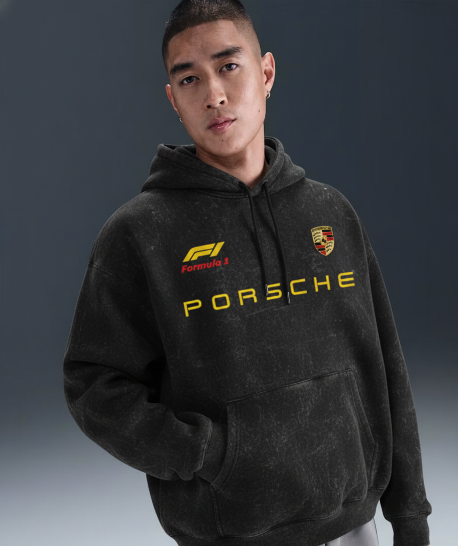 F1 x Porsche Streetwear Hoodie – Oversized Acid-Washed Edition